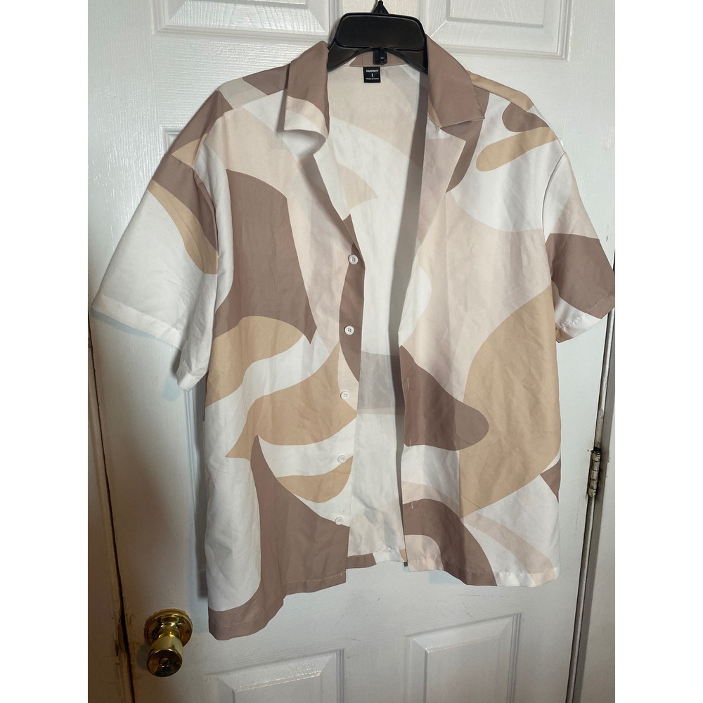 Manfinity Mens Abstract Swirl Button Up Shirt Short Sleeve Tan Brown White Small